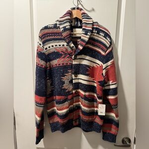Lucky Brand Men's Navy and Red Patterned Cardigan